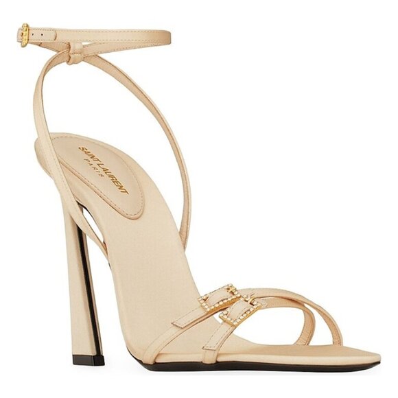 NWB Saint Laurent Lila Sandals Beige Satin Ankle Strap High Heels Sz 39 - Picture 2 of 15